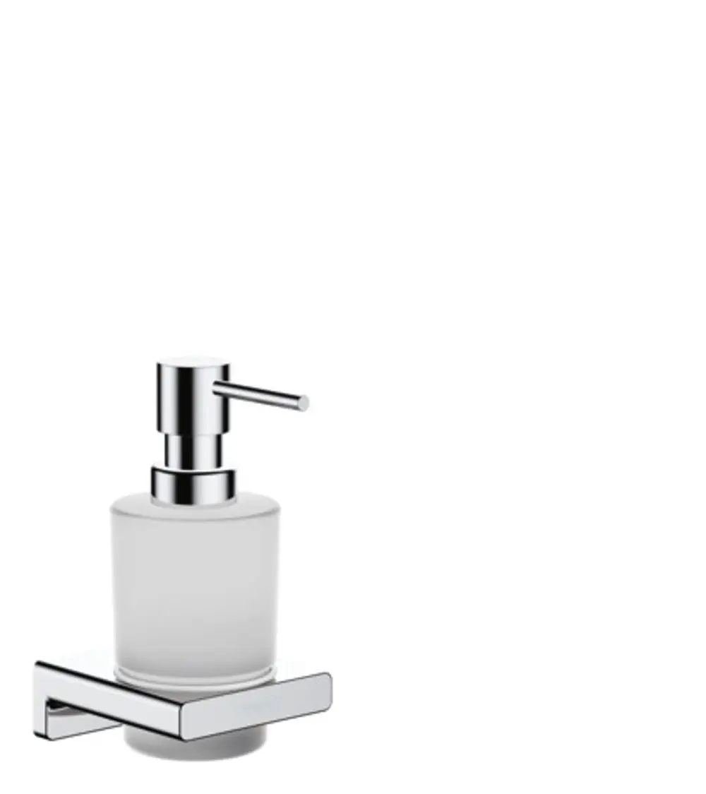 Hansgrohe Lotionspender mit chromfarbener Pumpe und frosted Glasbehälter, montiert auf einer Wandhalterung.